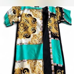 Luxury 100% Silk Baroque Print Dress Teal Black Gold Size 6